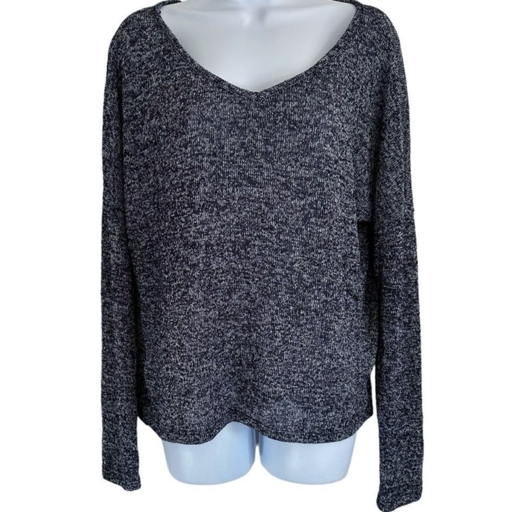 Ambiance Heathered Marled Navy White V-Neck Lightweight Long Sleeve Shirt Large